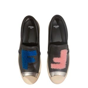 Fendi Black Leather Shearling Fur Slip On Sneakers Size 38.5